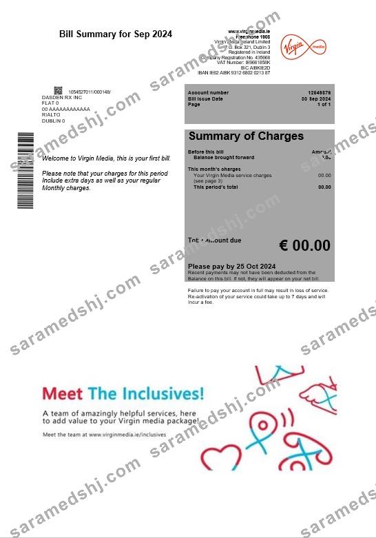 Ireland Virgin Media business utility bill template in Word and PDF formats, version 2